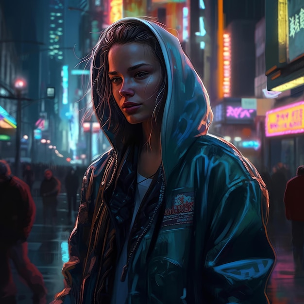 Uma mulher com uma jaqueta azul está na chuva em frente a um letreiro de néon que diz 'cyberpunk' nele.