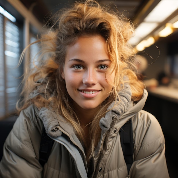 uma mulher com uma jaqueta cinza sorrindo para a câmera