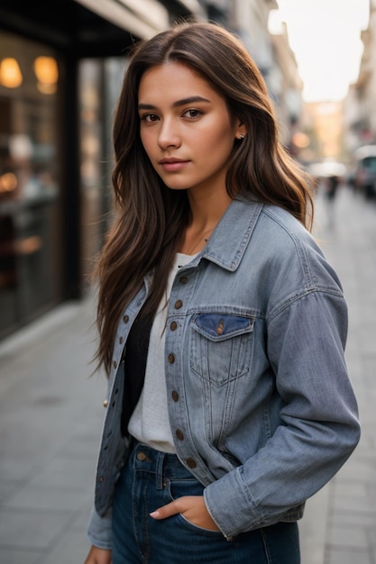 uma mulher com uma jaqueta de jeans está em uma calçada