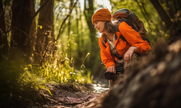 Uma mulher com uma jaqueta laranja se agacha em uma trilha na floresta com uma mochila nas costas.