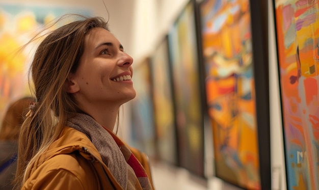 Foto uma mulher com uma jaqueta marrom está sorrindo na frente de algumas pinturas