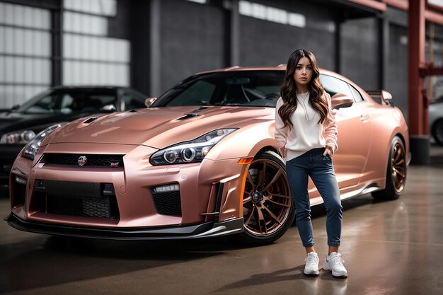 Foto uma mulher com uma jaqueta rosa e calças jeans está na frente de um carro