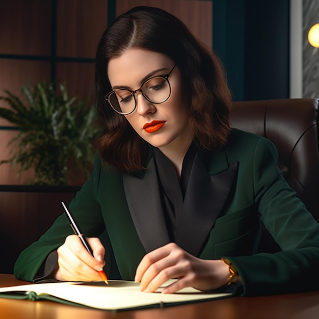 Uma mulher com uma jaqueta verde escrevendo em um caderno com uma caneta e caneta.