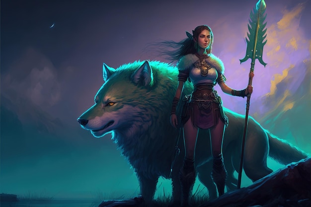 Uma mulher com uma lança mágica em pé na frente de seu lobo guardião estilo de arte digital ilustração pintura conceito de fantasia de uma mulher com armas nas mãos em pé perto de seu animal de estimação lobo