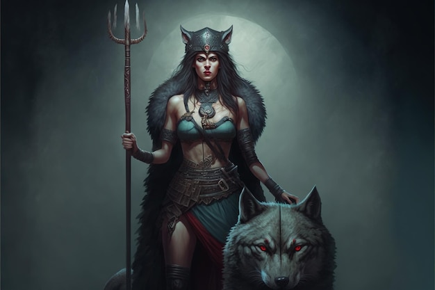 Uma mulher com uma lança mágica em pé na frente de seu lobo guardião estilo de arte digital ilustração pintura conceito de fantasia de uma mulher com armas nas mãos em pé perto de seu animal de estimação lobo