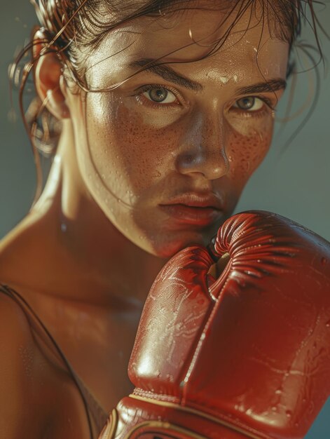 Foto uma mulher com uma luva de boxe vermelha na mão esquerda