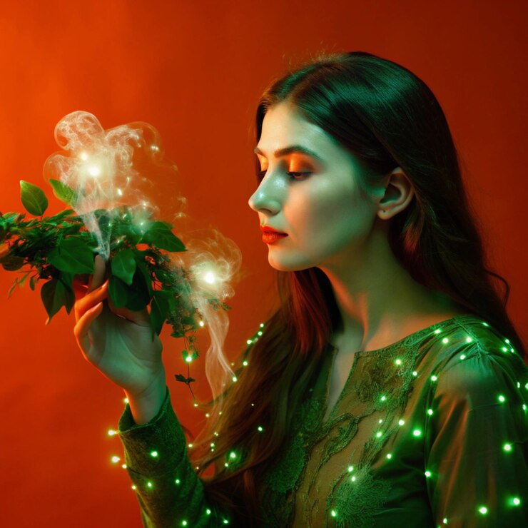 Foto uma mulher com uma luz verde em seu rosto está segurando um monte de folhas e uma luz verde no meio