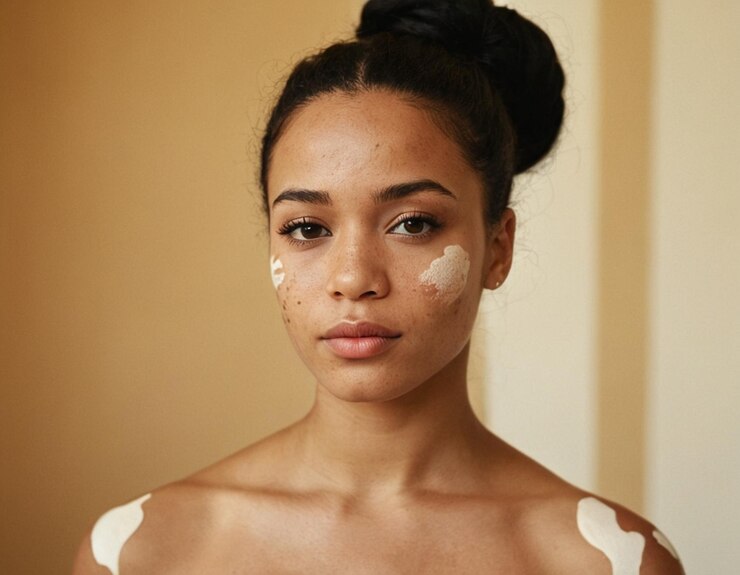 Foto uma mulher com uma mancha branca no rosto e os olhos pintados com tinta branca