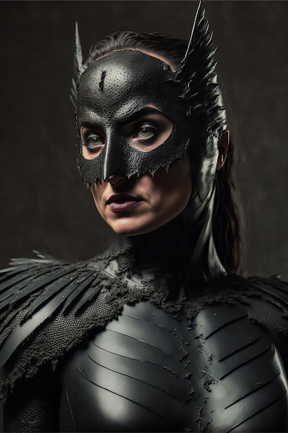 Uma mulher com uma máscara com a palavra morcego