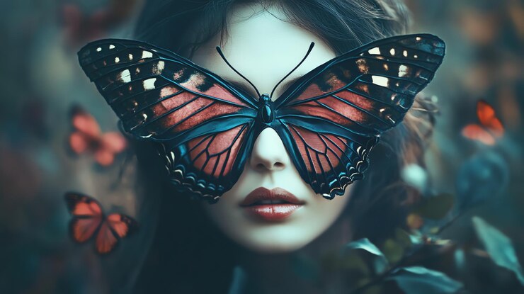 Foto uma mulher com uma máscara de borboleta com o foco em seus olhos e lábios misteriosos