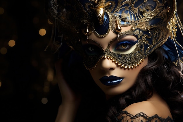 uma mulher com uma máscara de carnaval com fundo dourado