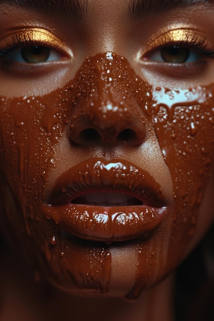 uma mulher com uma máscara de chocolate o rosto inteiro está coberto de chocolate