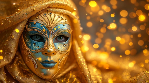uma mulher com uma máscara de ouro com brilho de ouro no rosto