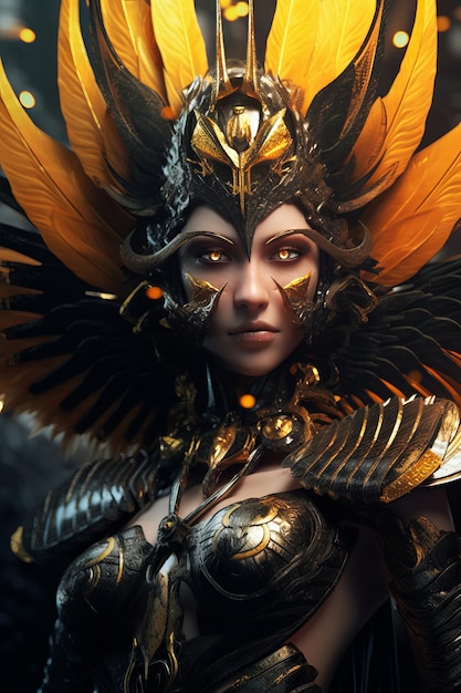 Uma mulher com uma máscara de ouro e asas de ouro e uma coroa de ouro.