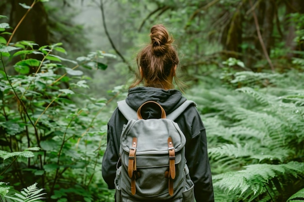 Uma mulher com uma mochila de frente para a vegetação exuberante de uma floresta enevoada