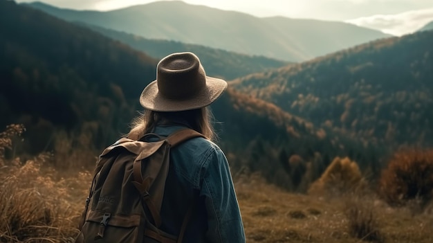 Uma mulher com uma mochila e um chapéu olha para as montanhas generativas ai