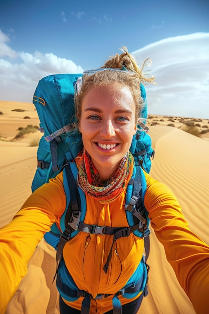 Uma mulher com uma mochila e um lenço na cabeça está sorrindo