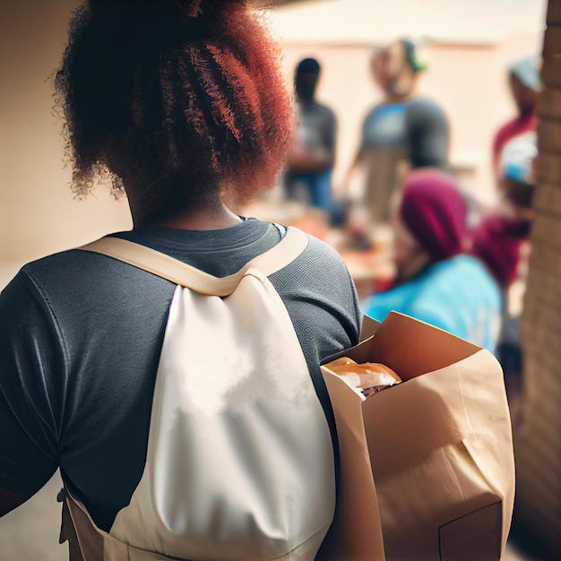 Uma mulher com uma mochila e uma caixa de comida