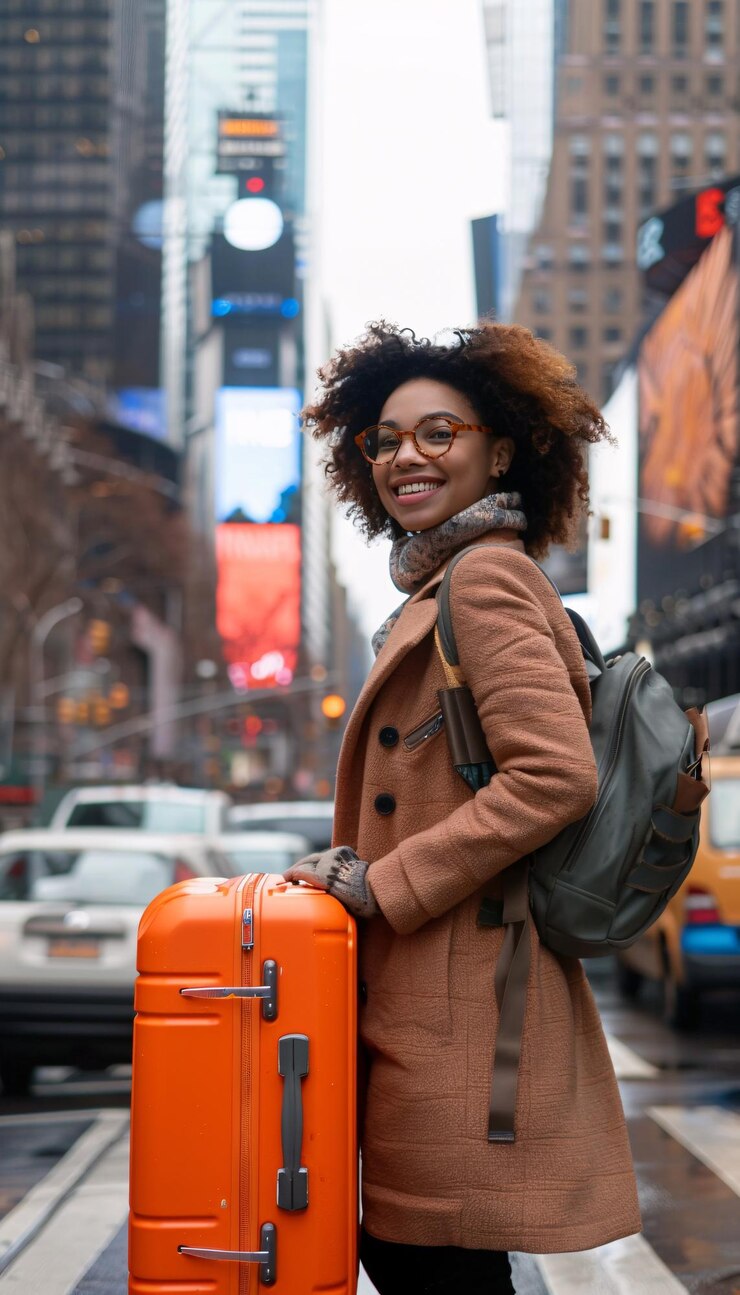 Uma mulher com uma mochila e uma mala está sorrindo na frente de um edifício alto
