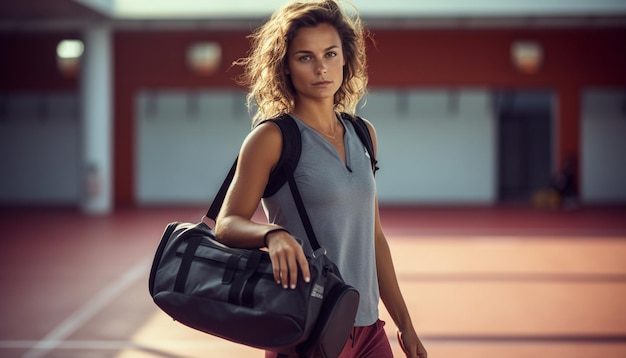 uma mulher com uma mochila está carregando uma bolsa preta