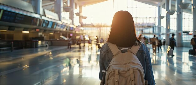 uma mulher com uma mochila está em frente a um edifício com o sol brilhando em suas costas