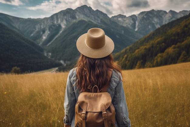 Uma mulher com uma mochila está em um campo com montanhas ao fundo.