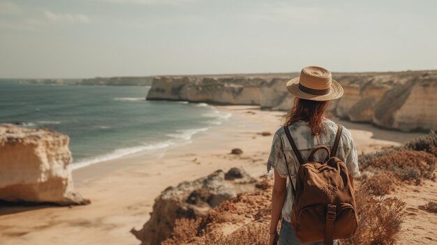 Foto uma mulher com uma mochila está em um penhasco com vista para o oceano.