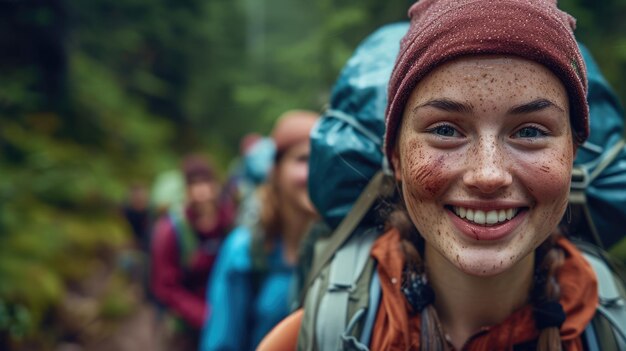 Uma mulher com uma mochila está sorrindo com água no rosto AIG41