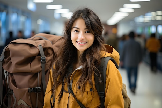 Uma mulher com uma mochila está sorrindo para a câmera geradora de imagem AI