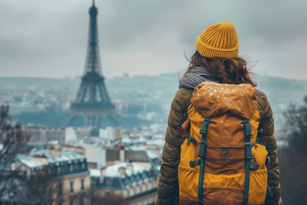 uma mulher com uma mochila olhando para a Torre Eiffel