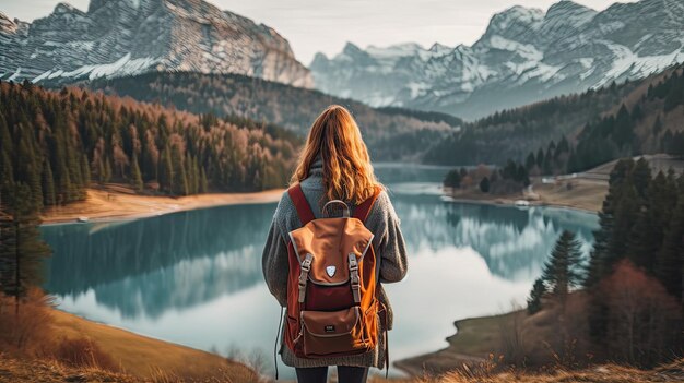 Uma mulher com uma mochila olhando para um lago