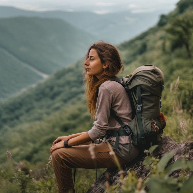 Uma mulher com uma mochila sentada em uma rocha Imagem generativa de IA