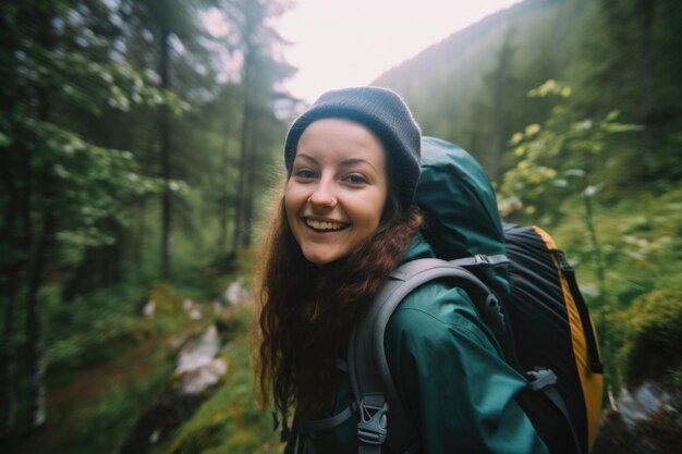 Uma mulher com uma mochila sorri para a imagem ai generativa da câmera