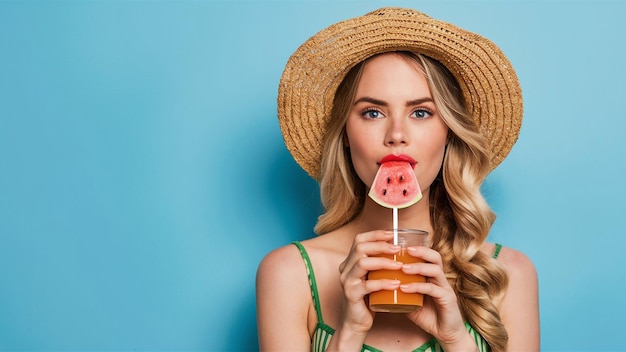 uma mulher com uma palha na boca está bebendo um copo de suco de laranja