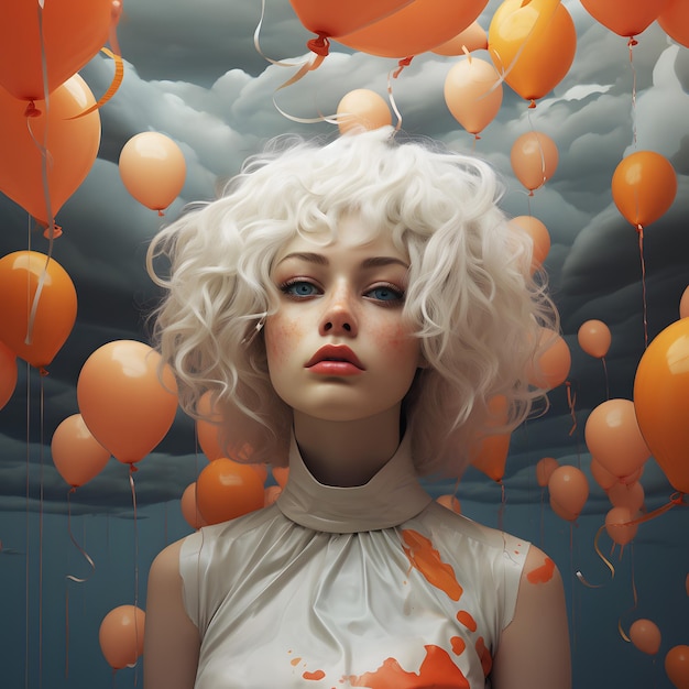 Uma mulher com uma peruca e balões laranjas no céu.