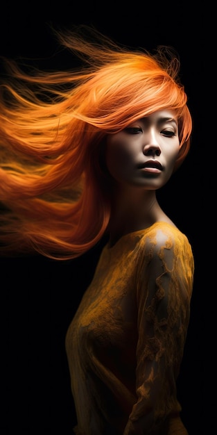 Uma mulher com uma peruca laranja em IA generativa de fundo preto
