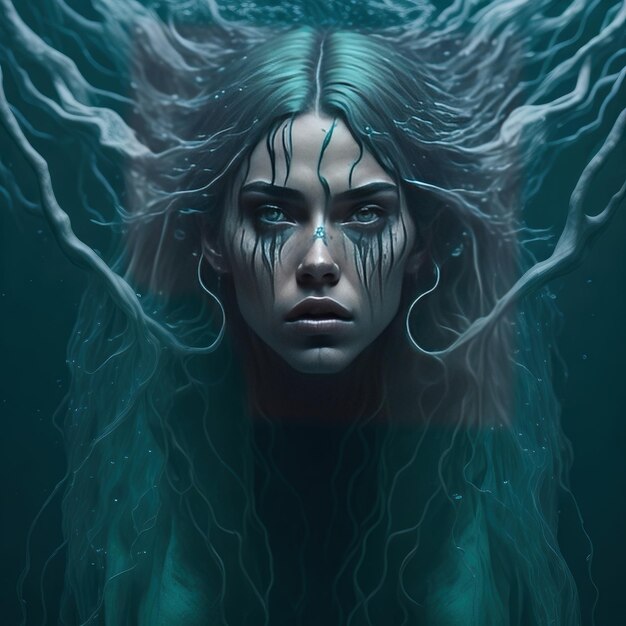 Uma mulher com uma pintura digital de um corpo com água e um rosto que diz "arte digital"