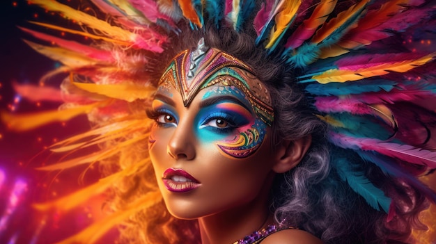 Uma mulher com uma pintura facial colorida e uma pena colorida na cabeça