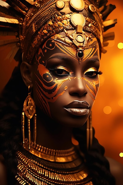 Uma mulher com uma pintura facial dourada e tinta dourada