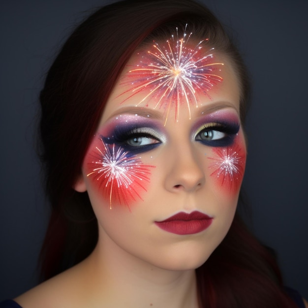 Uma mulher com uma pintura facial vermelha e azul com fogos de artifício.