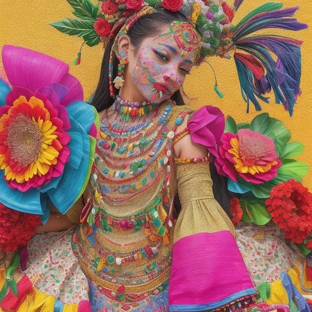 uma mulher com uma roupa colorida e flores na cabeça está posando para uma foto