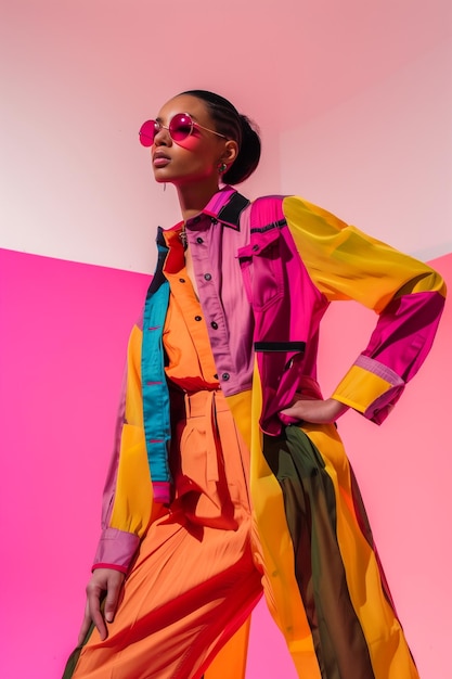Uma mulher com uma roupa colorida posa para uma foto