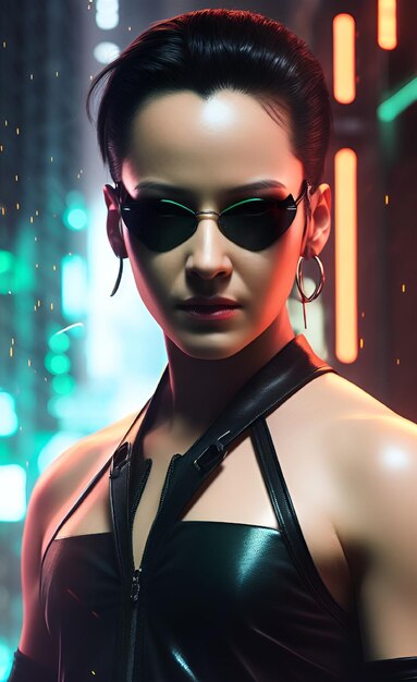 Uma mulher com uma roupa futurista com a palavra cyberpunk à esquerda.