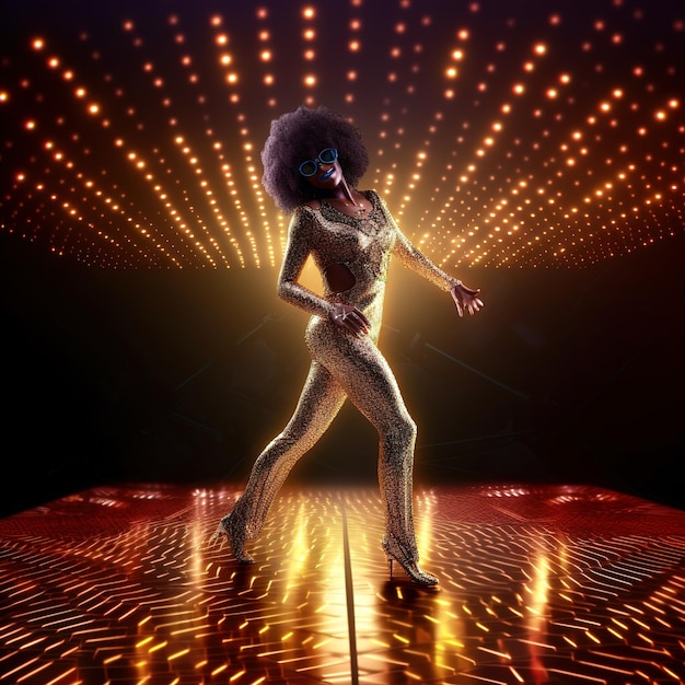 Uma mulher com uma roupa prateada está dançando em um palco