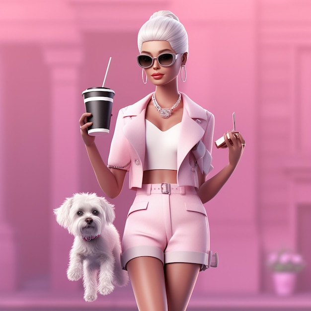 uma mulher com uma roupa rosa com um cachorro e uma xícara de café.