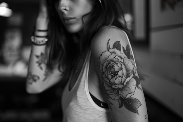 Foto uma mulher com uma tatuagem de flor no braço