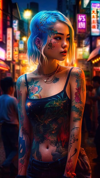 Foto uma mulher com uma tatuagem em seu braço está de pé na frente de uma exibição colorida