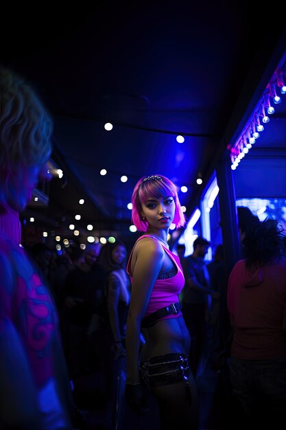 Foto uma mulher com uma tatuagem nas costas está de pé na frente de uma multidão.