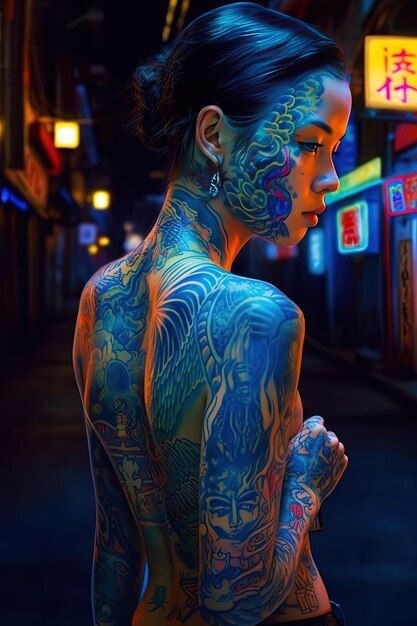 uma mulher com uma tatuagem nas costas está de pé num beco escuro