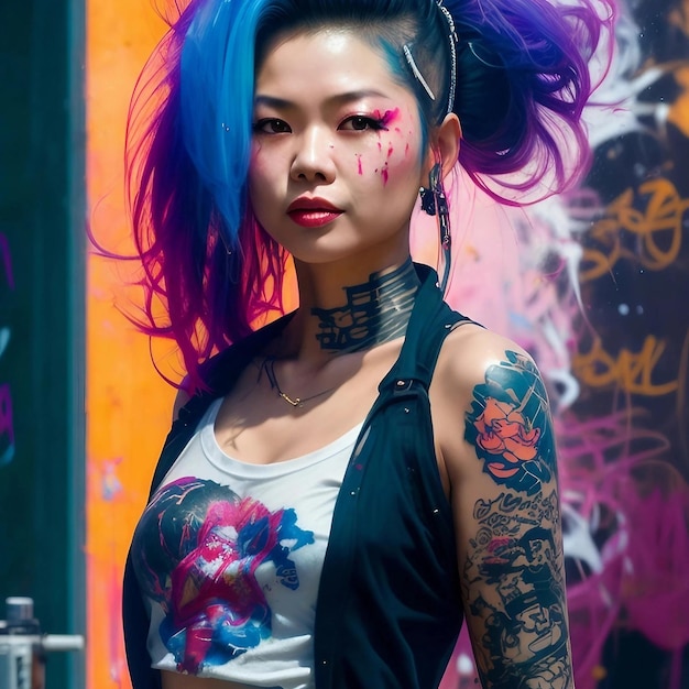 Uma mulher com uma tatuagem no braço e uma camisa que diz "ela tem uma tatuagem".